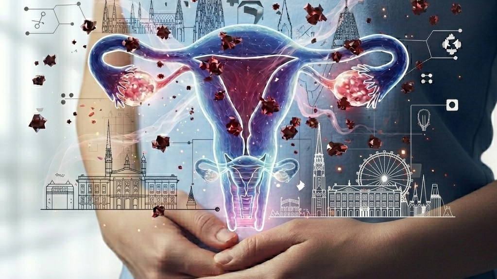 Illustration zum Thema Endometriose: Vor dem Oberkörper einer Person ist eine grafische Darstellung der weiblichen Fortpflanzungsorgane mit Gebärmutter, Eileitern und Eierstöcken eingeblendet. Um die Darstellung herum sind symbolische Elemente und medizinische Grafiken zu sehen. Die Illustration visualisiert Endometriose, Frauengesundheit, gynäkologische Erkrankungen sowie Forschung und Versorgung im Bereich der reproduktiven Gesundheit.