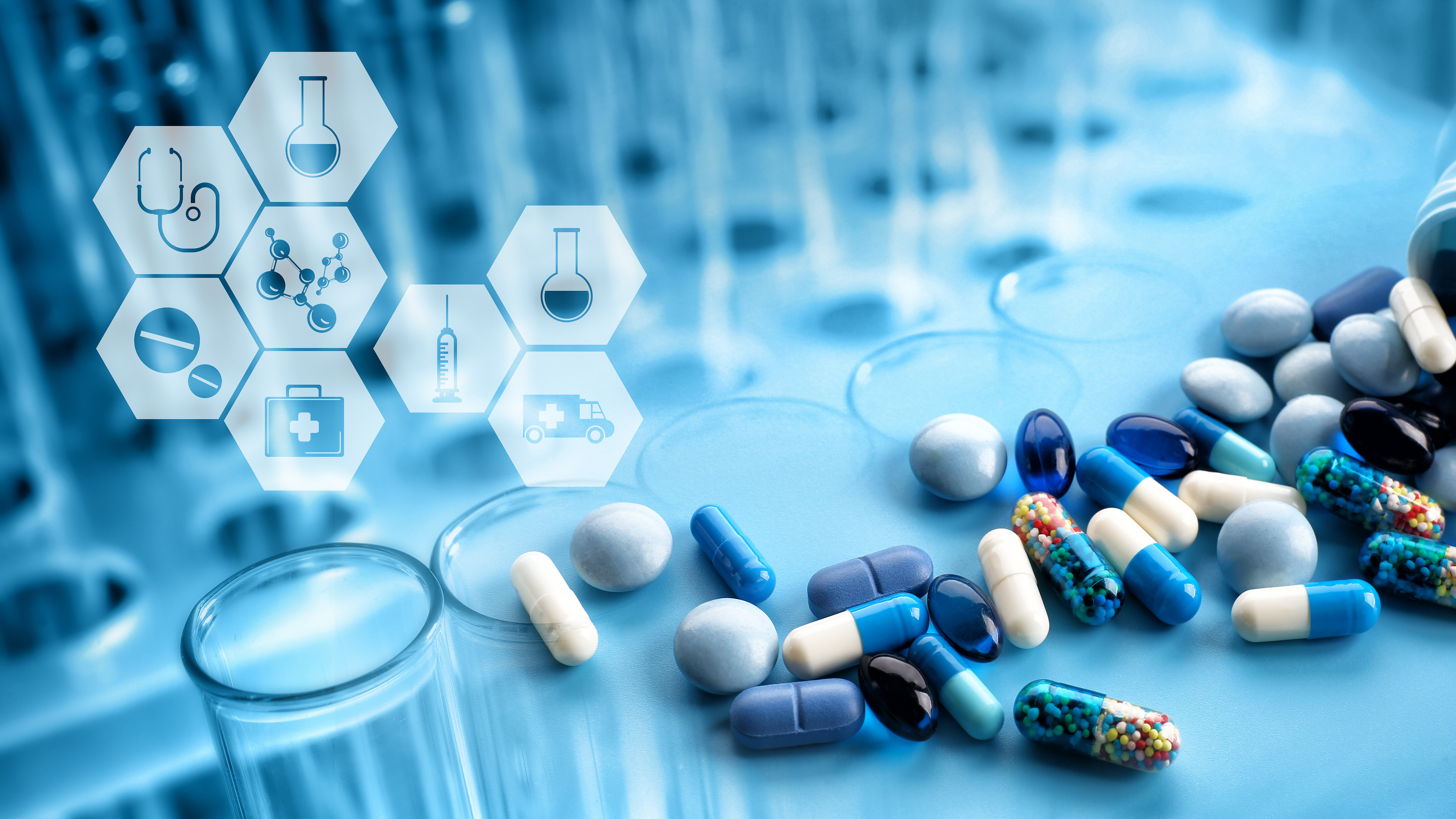 ablets and capsules in a laboratory environment with medical symbols.