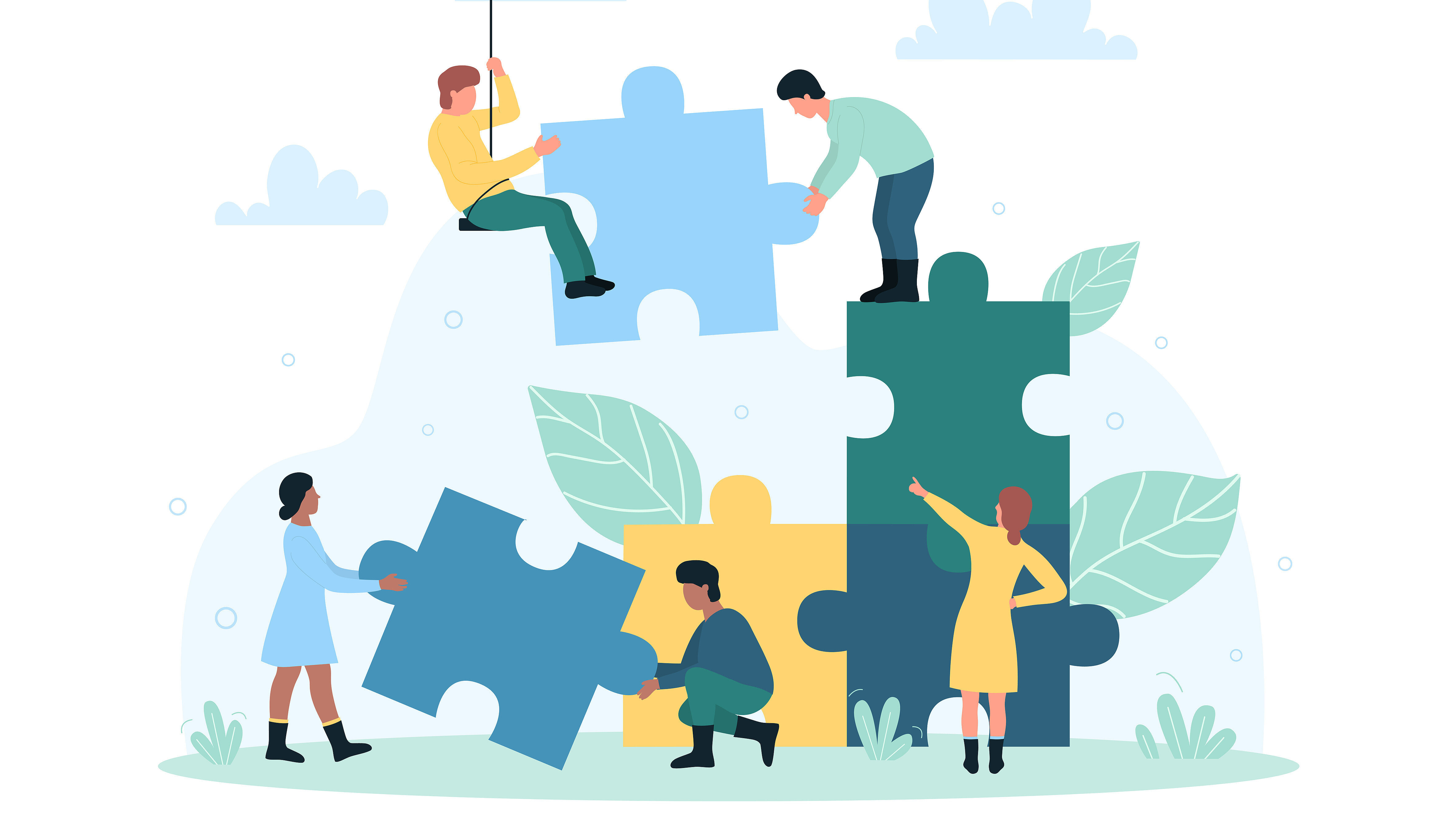 Stilisierte Illustration mehrerer Personen, die gemeinsam große Puzzleteile zusammenfügen. Die Figuren tragen und positionieren die einzelnen Teile, um ein vollständiges Bild zu erstellen. Die Darstellung symbolisiert Teamarbeit, Zusammenarbeit, Koordination und das gemeinsame Lösen komplexer Aufgaben.