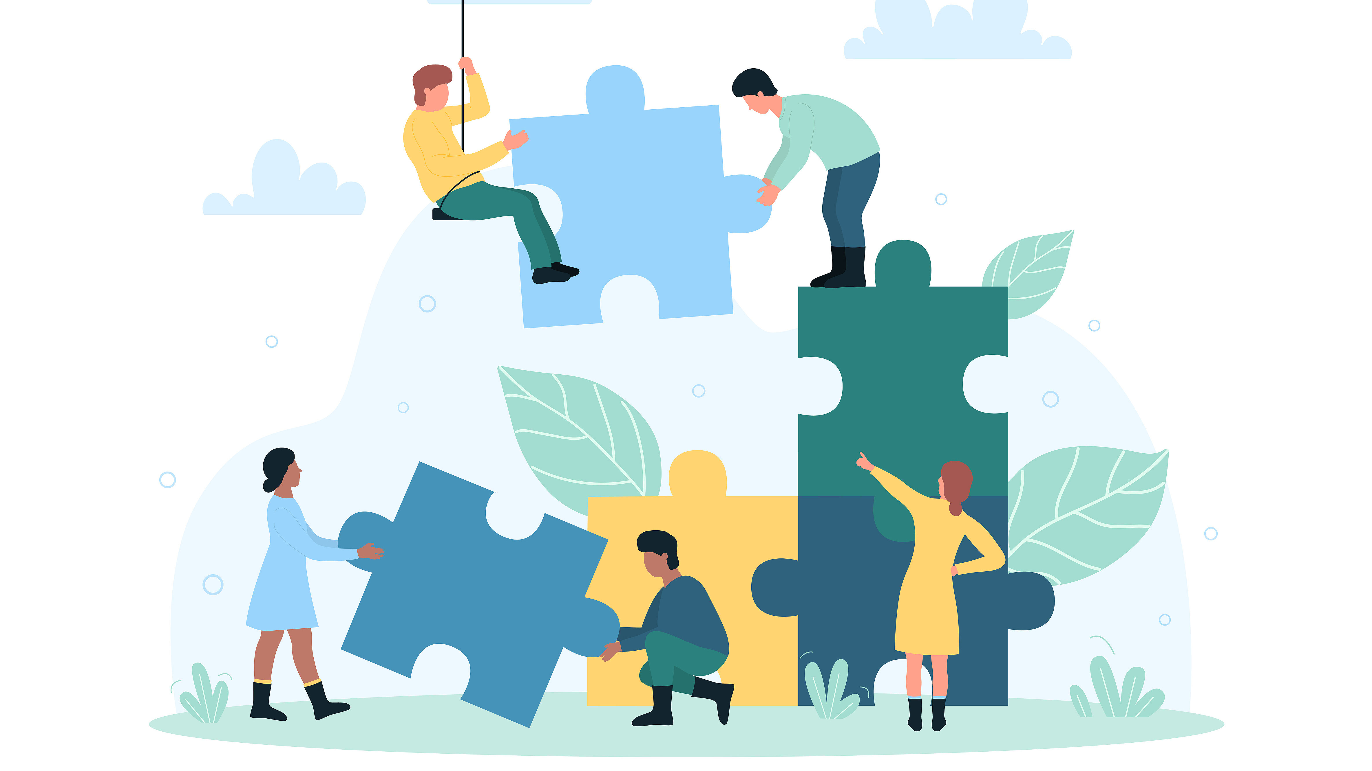 Stylized illustration of several people working together to assemble large puzzle pieces. The figures are carrying and positioning the pieces to create a complete picture. The image symbolizes teamwork, collaboration, coordination, and the joint effort required to solve complex challenges.