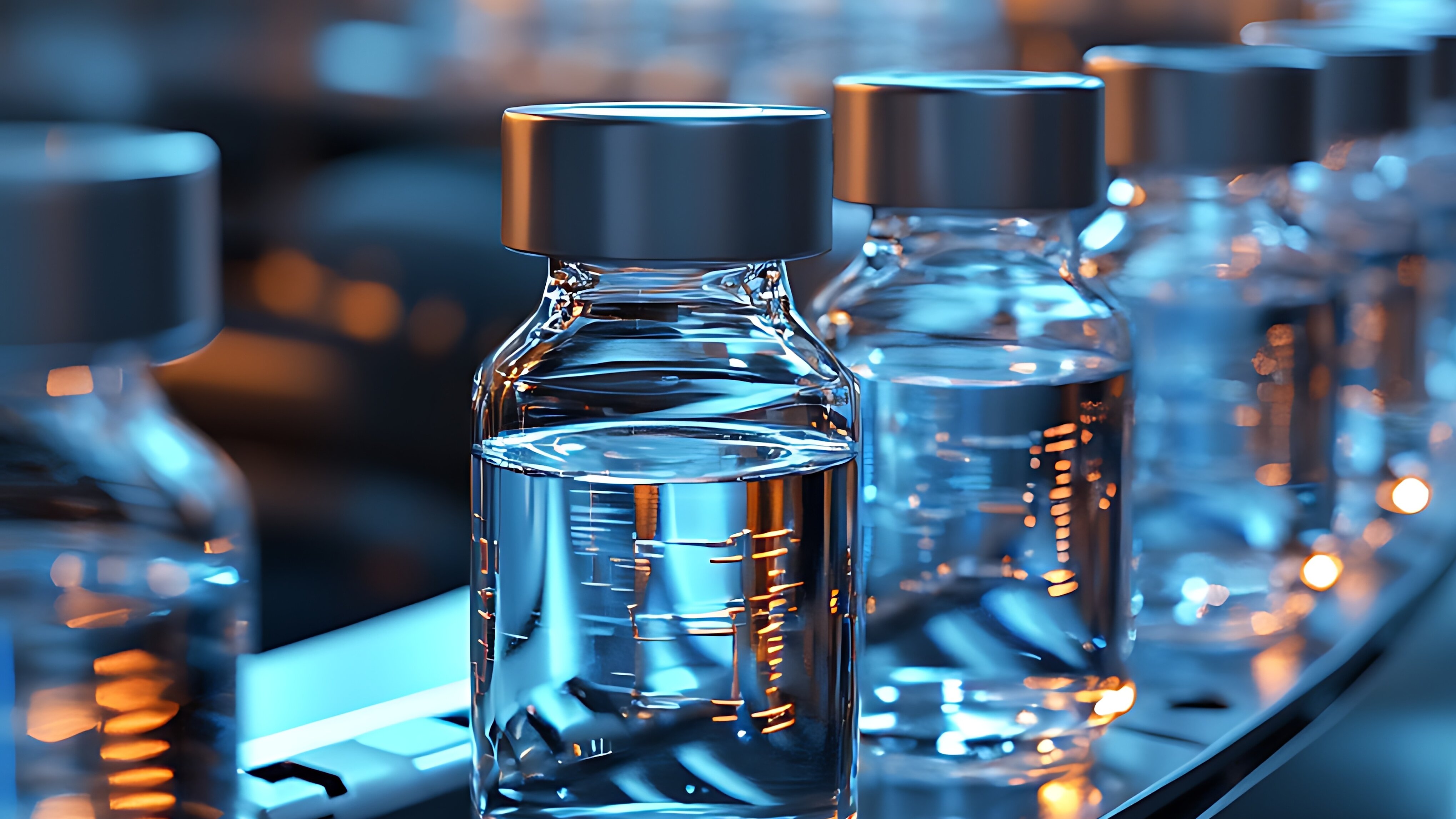 Several glass vials filled with a clear liquid move along a conveyor belt in a pharmaceutical manufacturing facility. The scene is illuminated with cool blue and warm orange tones, while the blurred background suggests modern filling and packaging processes in drug production.