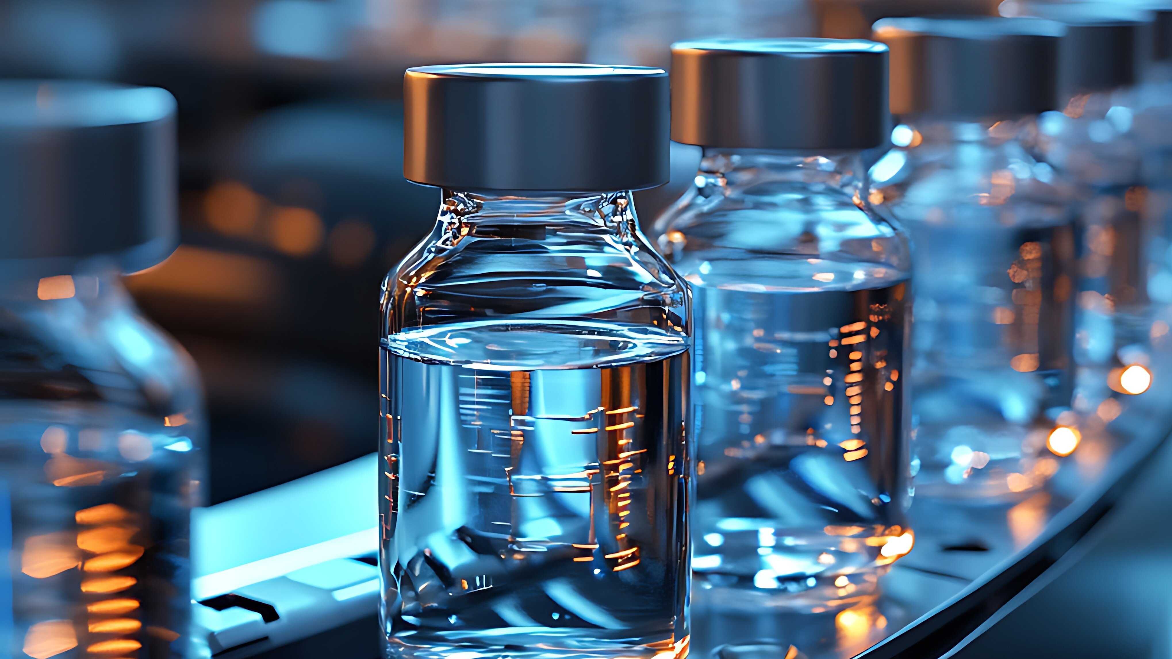 Mehrere Glasfläschchen mit klarer Flüssigkeit werden auf einem Förderband in einer pharmazeutischen Produktionsanlage transportiert. Die Szene ist in kühlen Blau- und warmen Orangetönen beleuchtet, während der unscharfe Hintergrund moderne Abfüll- und Verpackungsprozesse in der Arzneimittelherstellung andeutet.