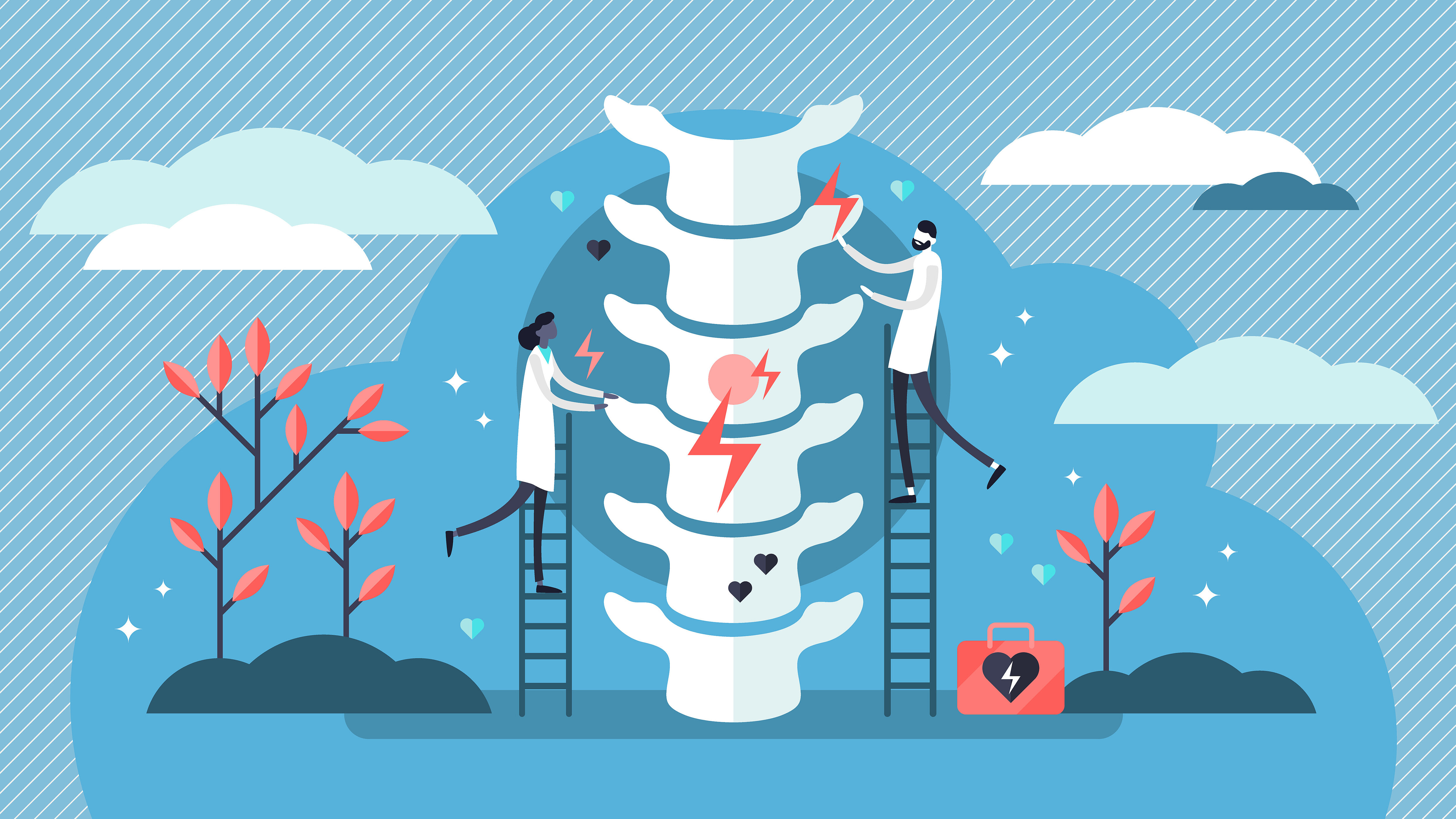 Illustration of a spine with highlighted pain points and medical treatment.