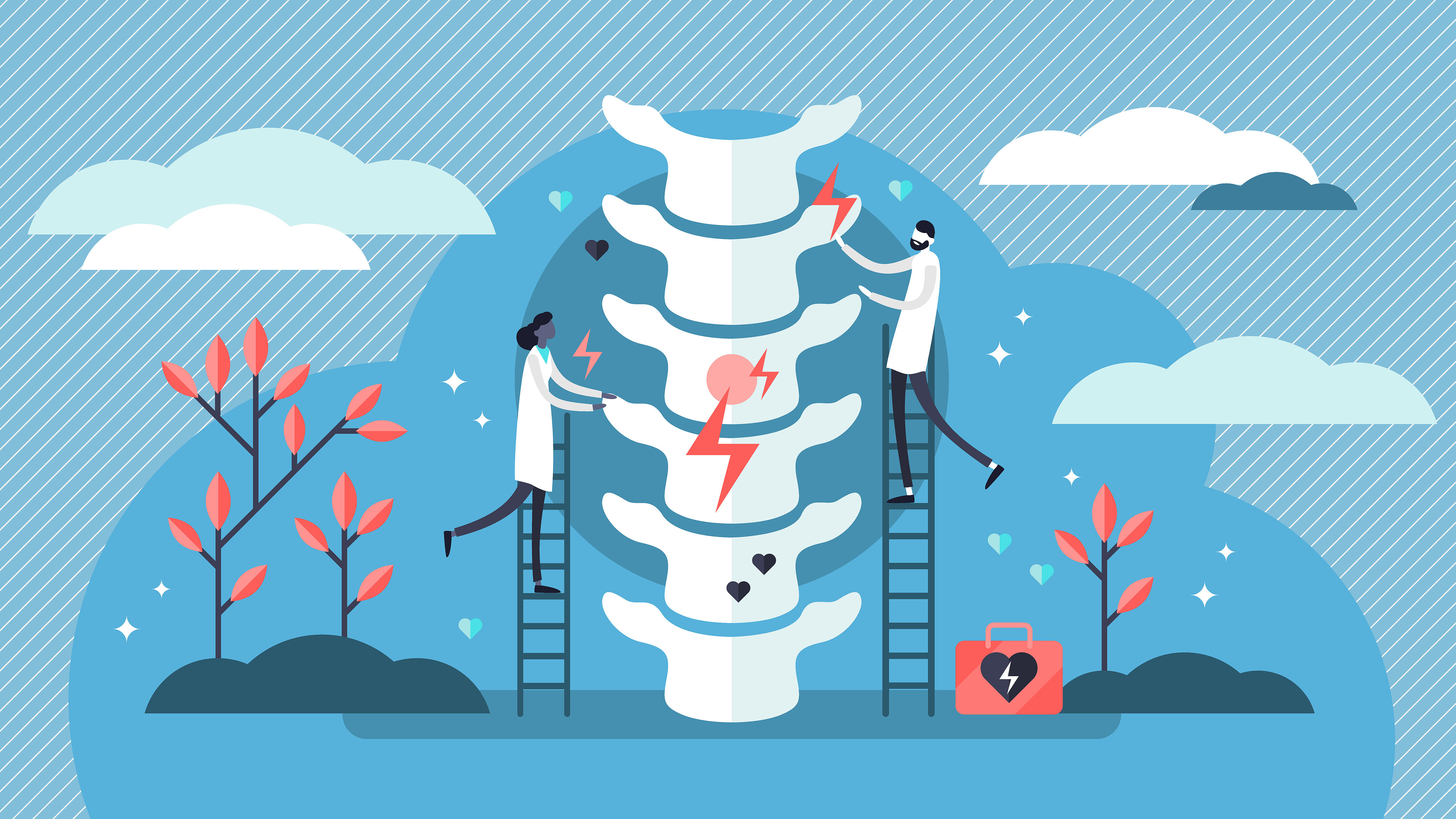 Illustration einer Wirbelsäule mit markierten Schmerzpunkten und medizinischer Behandlung.