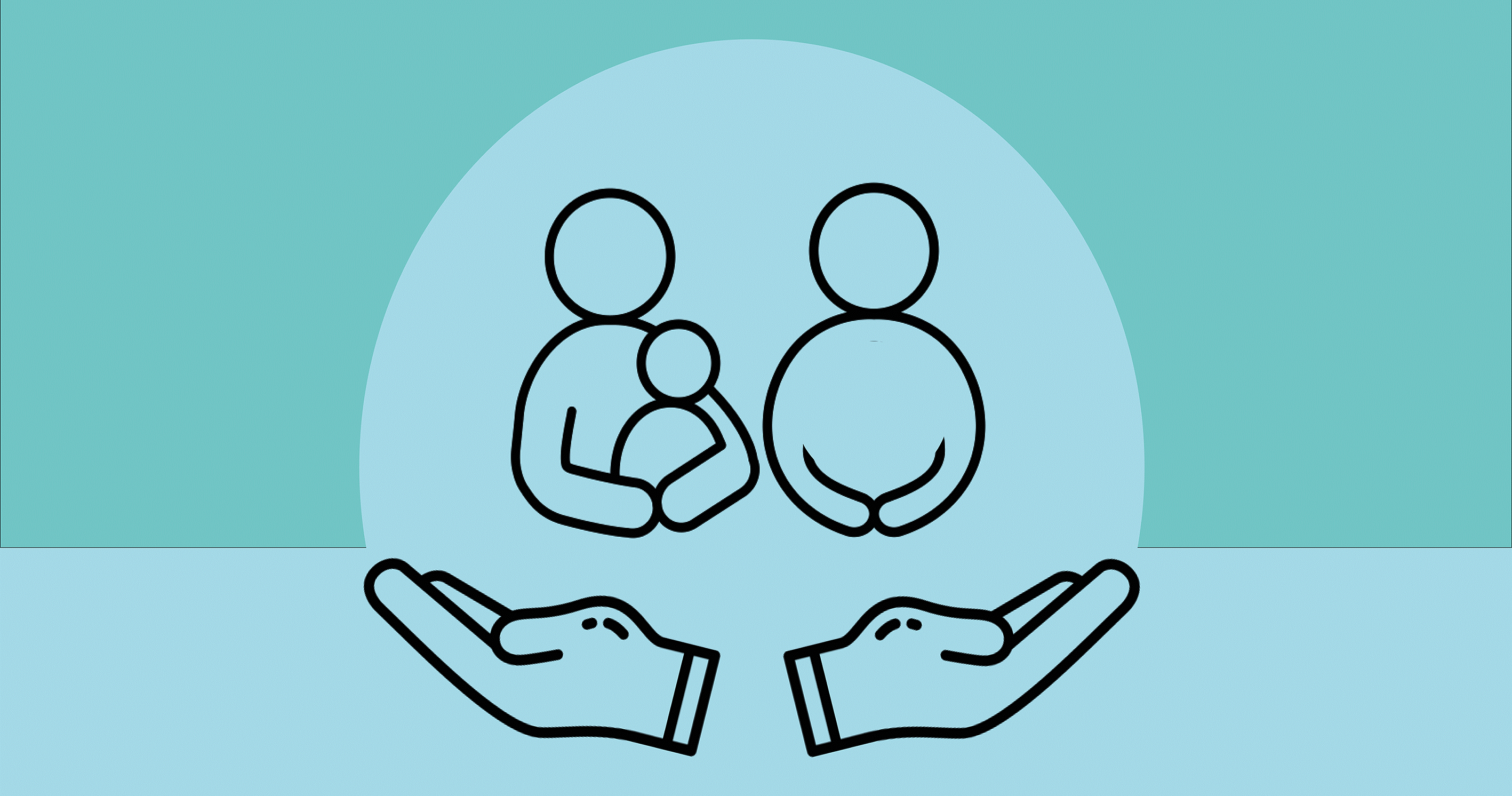 Symbolic graphic representing support for families and perinatal mental health: Two stylized hands provide protection for a group of people, including a person with a child and a pregnant person. The illustration symbolizes care, social support, healthcare services, and protection during pregnancy, childbirth, and early parenthood.