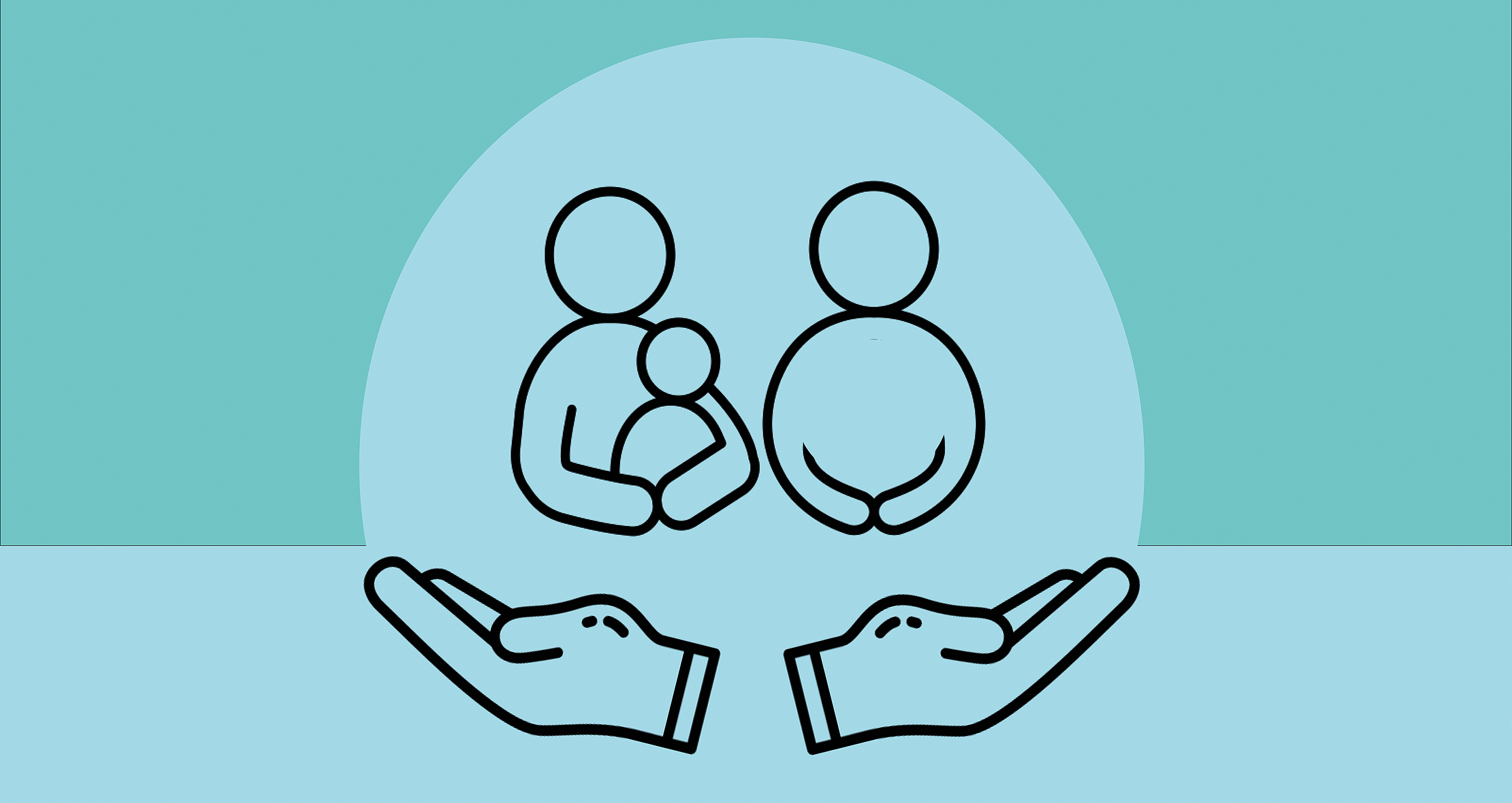 Symbolische Grafik zur Unterstützung von Familien und zur perinatalen psychischen Gesundheit: Zwei stilisierte Hände halten schützend eine Gruppe von Personen, darunter eine Person mit einem Kind sowie eine schwangere Person. Die Illustration steht für Fürsorge, soziale Unterstützung, Gesundheitsversorgung und Schutz während Schwangerschaft, Geburt und früher Elternschaft.