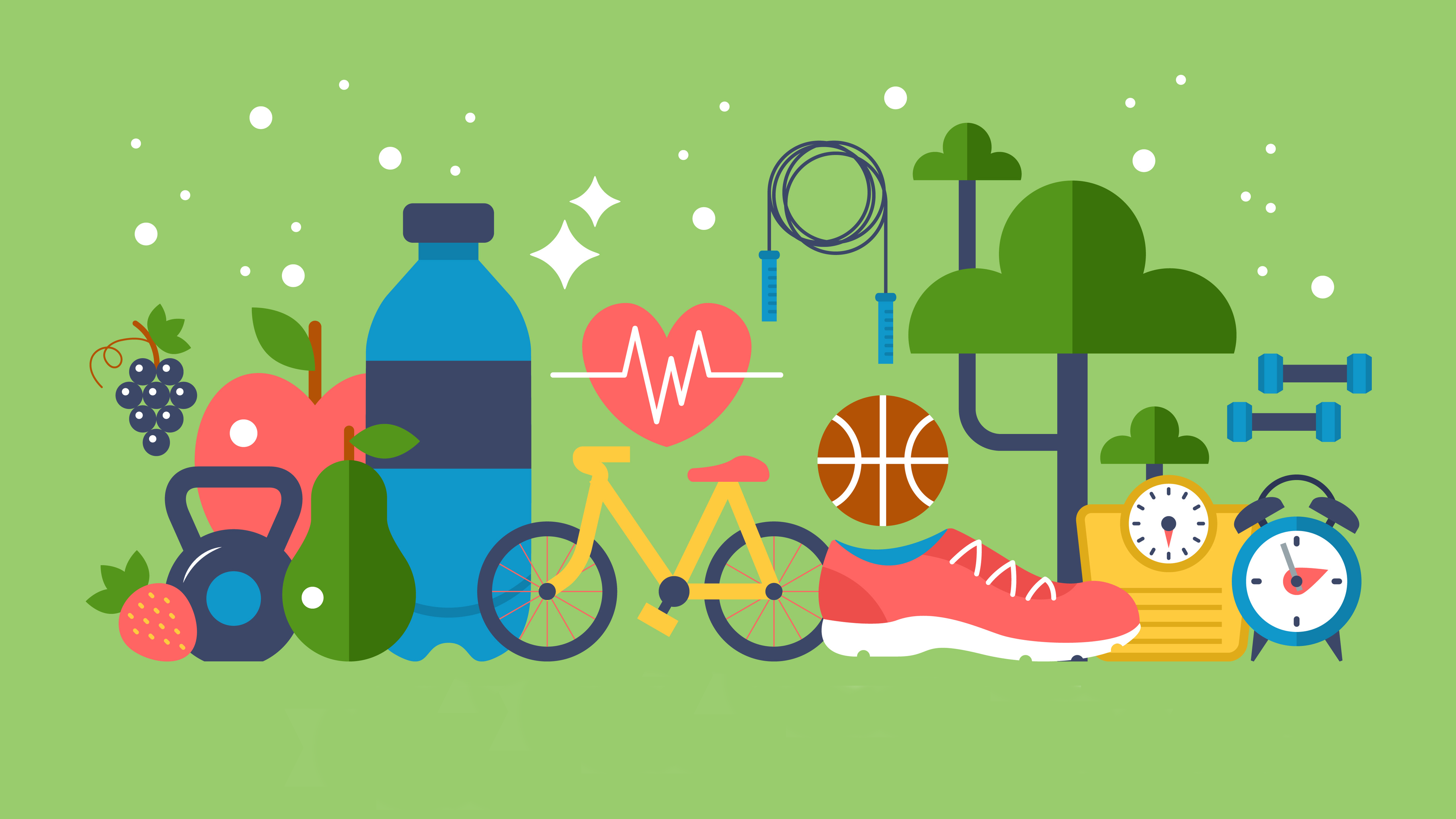 Illustration of a healthy lifestyle featuring fruit, a water bottle, a bicycle, a running shoe, dumbbells, and other fitness-related symbols.
