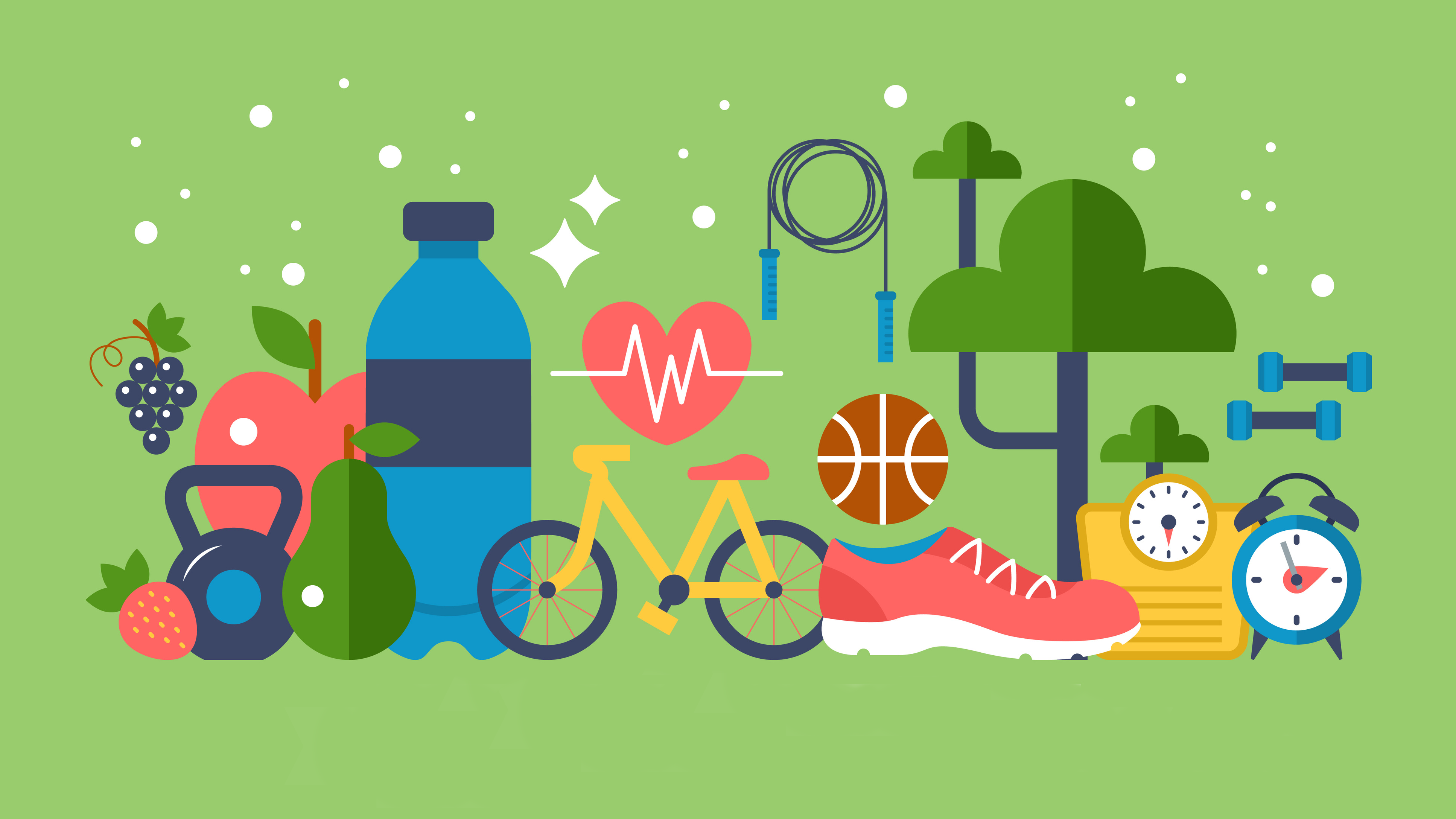 Illustration zu einem gesunden Lebensstil mit Obst, Wasserflasche, Fahrrad, Sportschuh, Hanteln und weiteren Fitnesssymbolen.